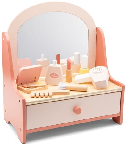 Woet® Coiffeuse Jouet en Bois pour Enfants - avec Miroir et 7 Accessoires - Jouet Beauté d’Imitation - À Partir de 3 Ans
