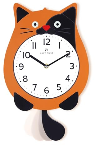 Lafocuse Reloj de Pared Gato Orange con Péndulo Cola, Creativo Diseño Reloj Pared Moderno Decor para Niños Salon Cocina Dormitorio, 40 x 23.5cm