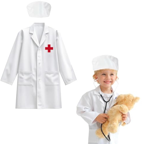 KEWUF Blouse de Laboratoire Enfant Fille Garçon Costumes Blouse Blanche de Médecin Chimie, Manche Longue Blouse Blouse Sciences avec Poche pour Cosplay Activités Scolaires et Peinture Infirmière