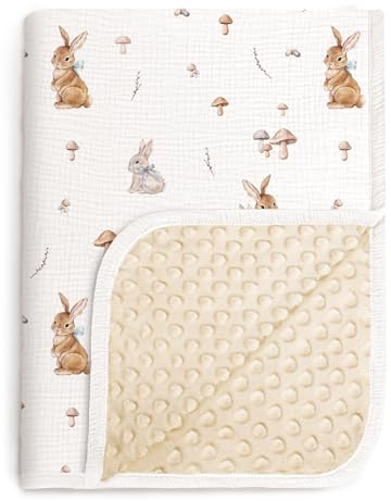 lulumoon Musselin Decke Baby für Neugeborene - Weiche Babydecke aus Baumwolle Oeko-TEX Standard – Leicht Musselin & Minky Babydecke für Jungen und Mädchen 76x101cm(Hase)