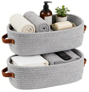 LWLWA 2 Pezzi Organizer Bagno Portaoggetti, Cestos Porta Oggetti in Corda Cotone, 35 x 15 x 10 cm Organizzatore Bagno, Multifunzione Cestino Portaoggetti Grigio, per Bagnos, Camera Letto, Soggiorno