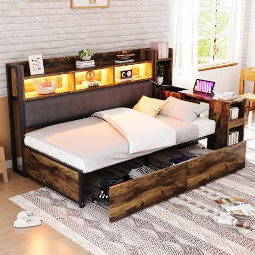 Merax Eisen-Sofabett 90x200 cm, mit ausziehbarem Schreibtisch, LED-Beleuchtung, Steckdosen, großem Stauraum & Schubladen, versteckten Fächern, stabilem Metallrahmen, Holzfarbe (ohne Matratze)