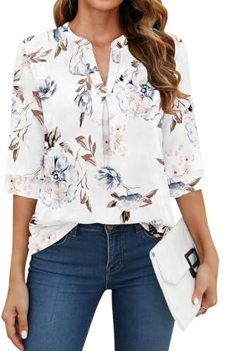 WNEEDU Chemise Femme à Manche 3/4 Col V Tee Shirt Long Chemisier et Blouses