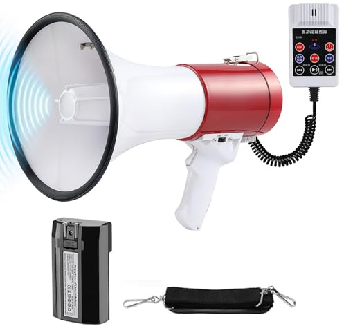 Kensbro Mégaphone 50 W Portée Maximale 1000 m, Mégaphone avec Sirène et Microphone–Enregistrement 260S et Fonctions Bluetooth, Klaxon avec Bandoulière Réglable pour l'intérieur et l'extérieur(Rot)