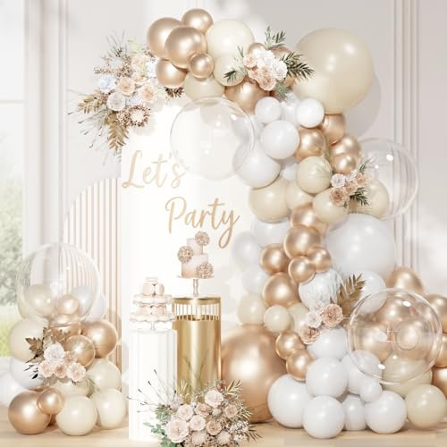 QIFU Kit Arco Globos Oro Blanco, 113 Piezas Guirnalda Cumpleaño Globos Arena Blanco y Champán Dorada Globos Bobo Para Cumpleaños Birthday Mujer Aniversario Bodas Bautizo EID Mubarak Ramadan Decoracion