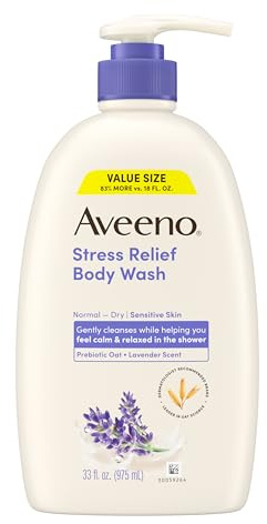 Aveeno Stress Relief Body Wash for Women, Calming Lavender Scent & Prebiotic Oat, Cleanser for Sensitive Dry Skin, Paraben, Dye & Soap-Free, 33 Fl Oz