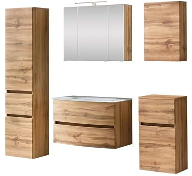 Kornel Badezimmer-Set, 13 bis 5-teilig, mit Waschtisch, Weiß – Eiche