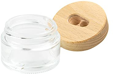 Spitzer aus Holz und Glas | rund | Durchmesser: 5,2 cm, Höhe: 4 cm | Edler Doppelspitzer aus Buchenholz, mit Glasbehälter.