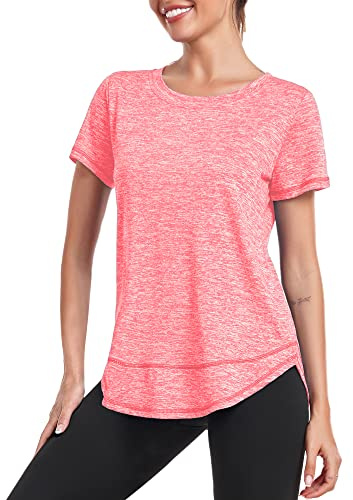 Deaviya Women's Sports T-Shirt Gym Tops, Short Sleeve Workout Casual Running Tops, Ladies Gym Yoga Sports Top, Crew Neck Fitness T-Shirts for Women, Loose Side Split Tee,Cherry Red M