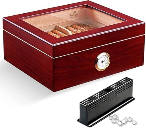 Slege Humidor sigari, adatta per 30-50 sigari, scatola di cedro spagnolo fatta a mano con igrometro simulato, viene fornito con separatore, umidificatore(rosso)