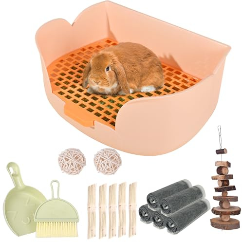 RUBYHOME Large Bunny Litter Box (15.5 x 11.1 x 6.2) Small Animal Litter Pet Toilet Potty Trainer Corner Litter Bedding Box Pet Pan for Rabbit Guinea Pig Easy to Clean (Orange)