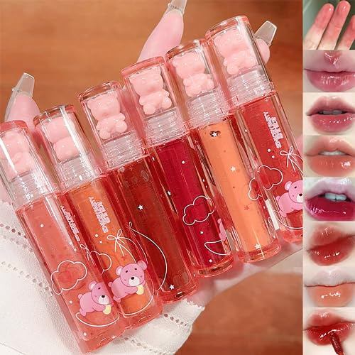 6Farben Bär Hydrating Lipgloss Flüssiger Lippenstift Set Niedlicher Gelee Feuchtigkeitsspendend Süße Lippenglasur Set Bär Schönheit Make up