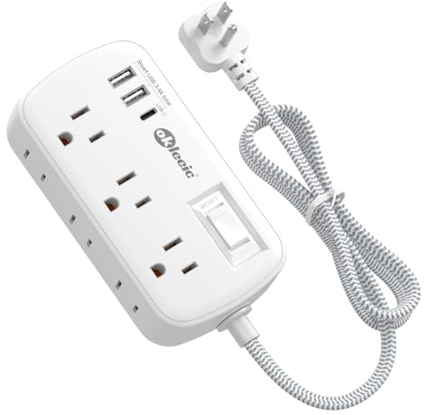 Short Extension Cord 5 ft - Flat Plug Small Power Strip Surge Protetor with 6 Outlets 3 USB (5V/3.4A 17W) Charging Ports, Multi Plug Wall Outlet Splitter for Home Office Dorm Roomc, White