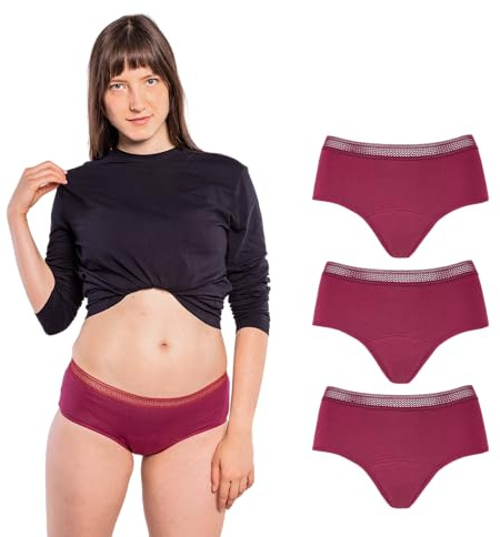 SELENACARE Periodenunterwäsche Organic Hipster (3er Multipack) - Menstruationsunterwäsche für Damen, waschbar, vegan, nachhaltig, 25ml Absorption, Bordeaux, Größe XL (EU 44/46)