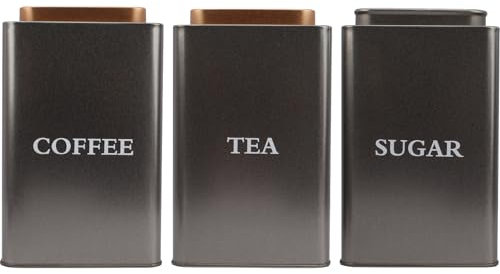 LIMILI Essentials Tea Coffee Sugar Canisters, Easy to Open & Airtight Lids, Decorative Storage Tins for Home Kitchen, Perfect Storage Canister Jars