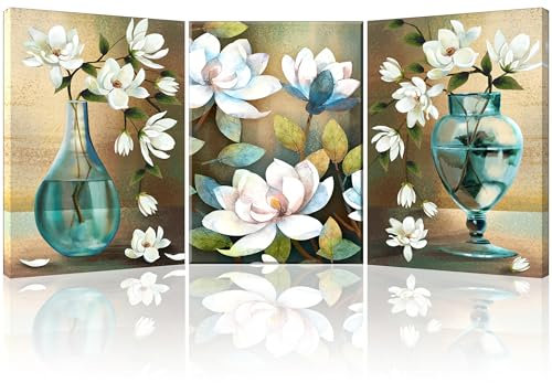 Piy Painting Set de 3 Cuadros de Flores Floreciente 40x58cm, Cuadro sobre Lienzo, Impresión sobre Lienzo Foto Flore Decorativo, Cuadros Modernas para Cocina Dormitorio, con Marco Incorporado