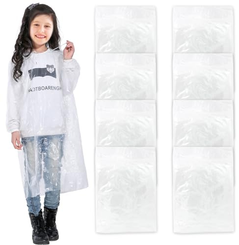 ZOCONE 8 Pcs Disposable Rain Poncho Kids Portable Raincoat, Transparent Waterproof Poncho Kids Portable Travel Raincoat with Drawstring Hood, Emergency Rain Jacket for Camping Festivals Hiking Travel