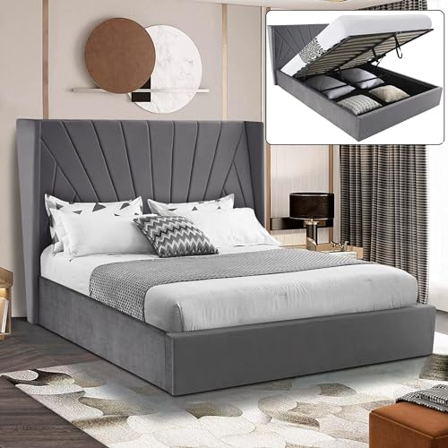Blisswood Upholstered Gas Lift Up Bed Frame With Storage, Ottoman Storage Bed, Velvet Double Bed Frame, Ottoman Bed With Wooden Slats, (4ft6 Dark Grey Double 135 x 190, No Mattress)
