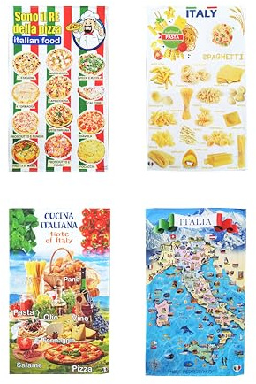 Set 4 Strofinacci Canovacci Souvenir Italiani, Tessuto Tela Cotone, da regalare, Utile in Cucina, Decorativi, Tematici, Made in Italy, motivi Pasta Pizza Italia Cucina, Eco-friendly, tessuti per casa