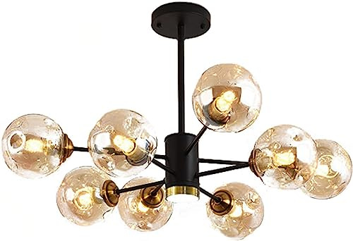 KUVAHECDH Lustre À Bulles de Verre En Grappe de Branches Spoutnik de Luxe Moderne, Plafonnier Led Noir, Gris Fumé, Verre Ambré, Suspension Industrielle Pour Cuisine, Salle À Manger, Salon/Black+Amber/