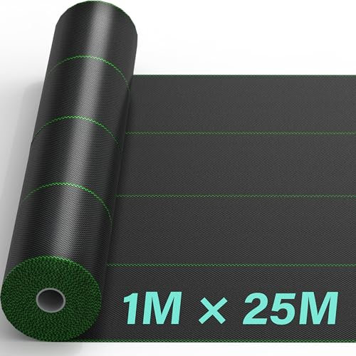 1mx25m Heavy Duty Weed Control Membrane Mat Garden Weed Barrier Fabric for Landscaping Driveway Gravel Artificial Grass Lawn Underlay Woven Roll Ground Cover Weed Block Patios, Garden, Flower Beds