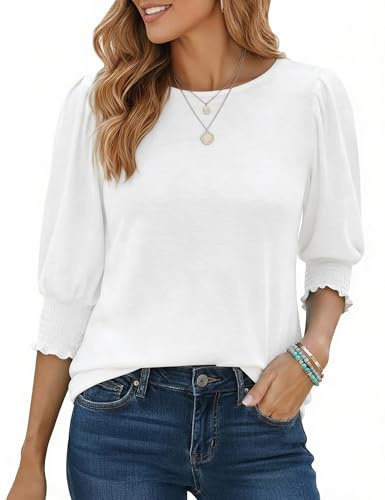 Aottori Camiseta Elástica de Manga 3/4 para Mujer Cuello Redondo Básico Top Ajustado de Manga Tres Cuartos de Ajuste Regular T-Shirts Blanco XXL