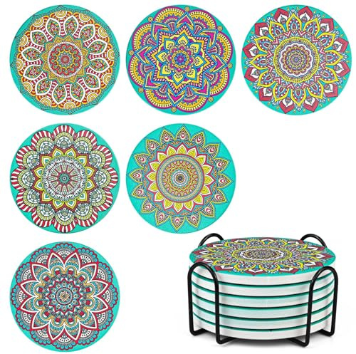Mandala Coasters Set of 6, Ceramic Round Drink Coasters with Holder Absorbent Drink Coaster Set with Non-slip Cork Base & Ceramic Stone Cup Pad for Cups Mug Wine Glass Home Kitchen & Bar - Green