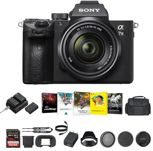 Sony a7 III Mirrorless Camera- 24MP Full-Frame Digital Camera with 28-70mm f/3.5-5.6 Lens, Batteries & Dual Charger Kit, Corel Software Kit, 128GB SDXC Memory Card & Large DSLR Bag - Essential Bundle