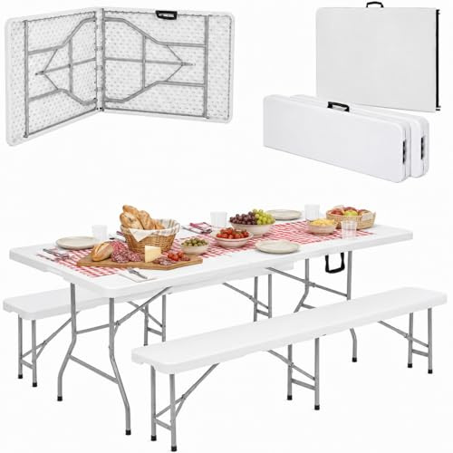 PALUPLUS Set Tavolo Catering con 2 Panche Pieghevoli, Tavolo da 180x71x74 cm e Panca da 180x29x43 cm, Set a Valigetta in Resina con Struttura in Metallo e Maniglia per trasporto -344F/8745F -28