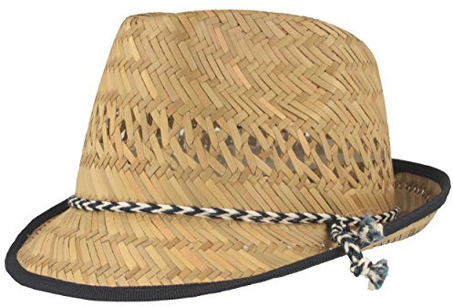 Kinder Strohhut | Sommerhut | Sonnenhut - 100% Stroh - Für Junge & Mädchen - Besonders Leicht & Bequem mit Blau-Weißer Kodel-Garnitur, Natur, 48