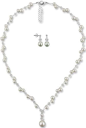 Rivelle Damen Brautschmuck Set creme Schmuckset kristall Perlen Halskette Collier Ohrringe Schmuck Hochzeit Geschenkbox