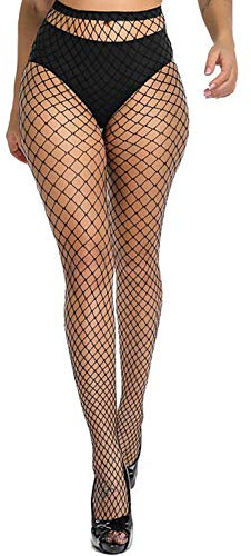 Confonze Fishnet Stockings Womens High Waist Tights Sexy Sheer Mesh Pantyhose (Black_L Hole)