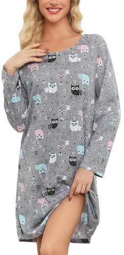 ENJOYNIGHT - Camicia da notte da donna a maniche lunghe, in cotone, con stampa, biancheria da notte, camicia da notte per donna, XXL