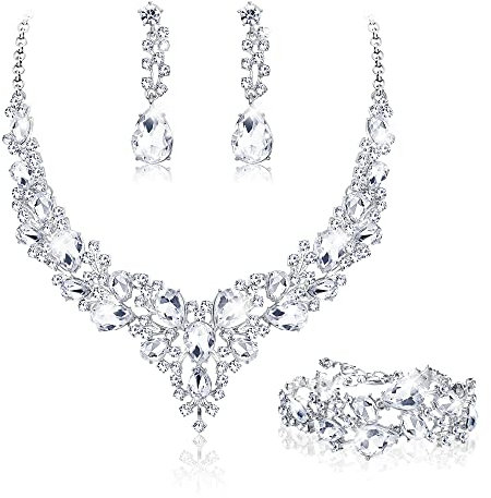 JeweBella Bridal Wedding Jewellery Set for Women Crystal Teardrop Cluster Statement Necklace Earrings and Bracelet Set Gifts Wedding Engagement Bridesmaid Costume Dress Prom Jewellery Sets