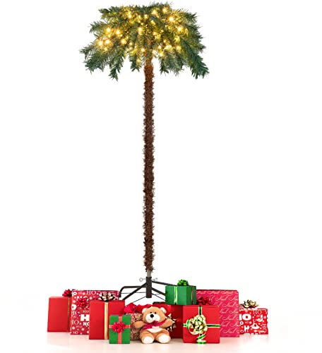 COSTWAY 150 cm belyst konstgjord palm, konstträd med 150 LED-lampor i varmt vitt, LED-träd med 63 spetsar och metallstativ, ljusträd för jul och terrass, inomhus- och utomhusdekoration