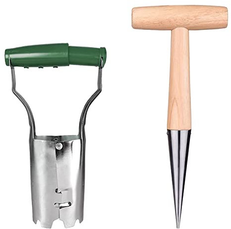 Jetisva Set of 2 Garden Dibber for Planting Seed Planter Tool Stainless Steel Potato Planter Tool Hand Bulb Planter Transplanting Tool with Handle and Depth Mark for Vegetable Flower