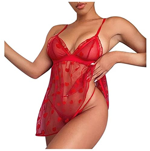 WSZJLN Abito da notte con cinturino con scollo a V in pizzo rosso con set sexy da donna in pizzo lingerie sexy a forma di cuore camicia da notte Babydoll pigiameria da notte rosso