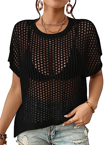 Bsubseach Femme Crochet Cover Ups Hollow Out Bikini Maillot De Bain Cover Up Manches Courtes Tricot Top De Plage Tenues D’éTé Noir