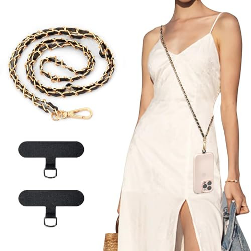 TiMOVO Handykette Universal zum Umhängen, Handyanhänger, Handy Kette Stilvoll Metall Schlüsselband, Handschlaufe, Handygurt, Handyband, Kordel, Lanyard, Smartphone und Handy Hülle, Gold und Schwarz
