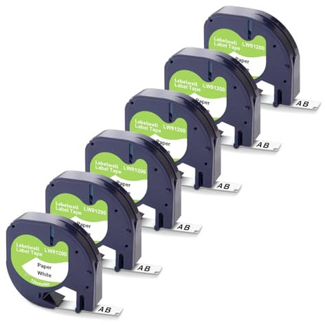 Labelwell 6x Kompatible für Dynmo 91220 91200 Etikettenband 12 mm x 4 m Schriftband, Schwarz auf Weiß Etikettierpapier Kompatibel mit Dynmo XR LT-100H LT-100H 80 200B Etikettendrucker
