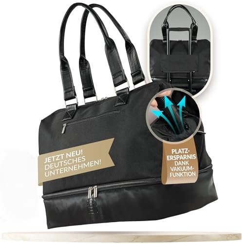 Boujé Vakuum Weekender Reisetasche mit versiegeltem Kompressionssystem für platzoptimiertes Packen (Damen, Herren) I Tasche Handgepäck Wickeltasche Sporttasche (Schwarz)
