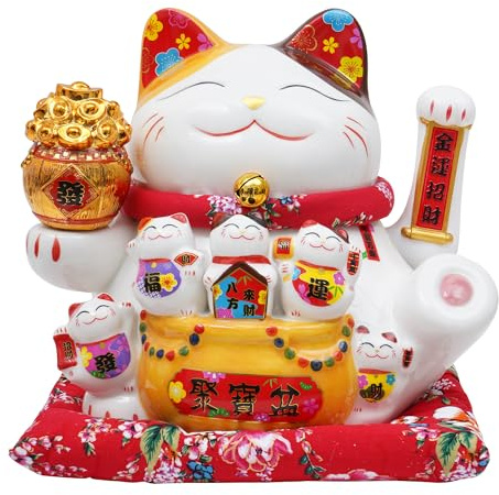 Nisorpa 11 Ceramic Lucky Cat Waving Arm, Maneki Neko Fortune Cat Statue with Auto-Swing Plastic Arm, Chinese Feng Shui Wealth Decor for Home Office Shop Decorative Gift for Good Luck & Prosperity