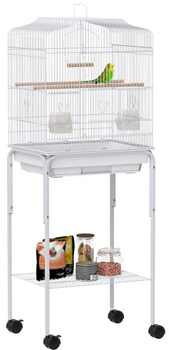 PawHut Bird Cage Budgie Cages for Finch Canary Parakeet with Stand Wheels Slide-out Tray Accessories Storage Shelf, White 46.5 x 36 x 124 cm