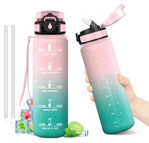 Borraccia 1L, Borraccie con Cannuccia, Borraccia Palestra con Indicatore del Tempo, Bottiglia Acqua Riutilizzabile, senza BPA, A Prova di Perdite, Bottiglia Sport per Campeggio, Studenti, Ufficio