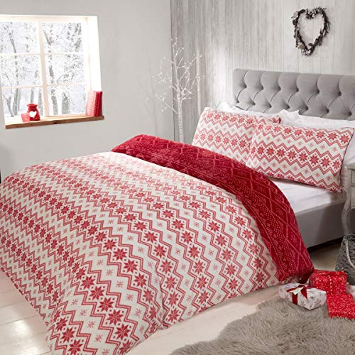 Sleepdown Fairisle Printed Flannel Fleece Abstract Stripes White Red Reversible Duvet Cover Quilt Bedding Set with Pillowcases Super Soft Warm & Cosy - King (220cm x 230cm)