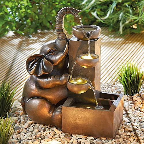 Coopers of Stortford - Solar Water Feature Elephant with Raised Trunk - Cascading Tiered Pots with Pump and Warm White LED Lights - Outdoor Garden Fountain