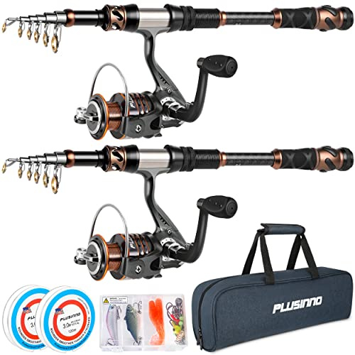 PLUSINNO Ensemble Canne à pêche télescopique en Fibre de Carbone 24 tonnes et Moulinet à Lancer, roulements blindés 24 +12, Acier Inoxydable sans BB, étui de Transport, pêche en Eau Douce et salée