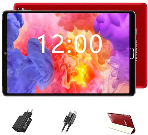 Tableta Android de 10 pulgadas con 4 GB RAM + 64 GB ROM, compatible con tarjetas SD de hasta 256 GB, WiFi | Bluetooth |5 MP + 8 MP | Certificación GMS, incluye ratón, teclado y funda protectora - Rojo