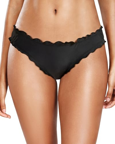 Tempt Me Women Black Bikini Bottom Ruffle Scrunch Butt Bathing Suit Bottoms Moderate Swimsuit Bottom L
