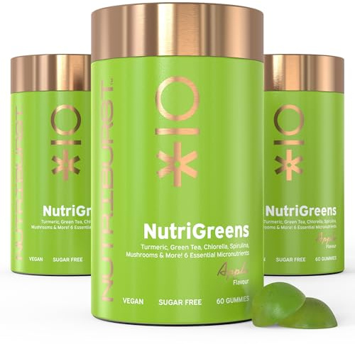 Nutriburst NutriGreens • Plants + Cultures • 3 Month • Vegan & Sugar Free | 180 apple flavour vitamin gummies with 20+ fruit, veg, mushrooms & live cultures blend, boosted with vitamin B, C & zinc.